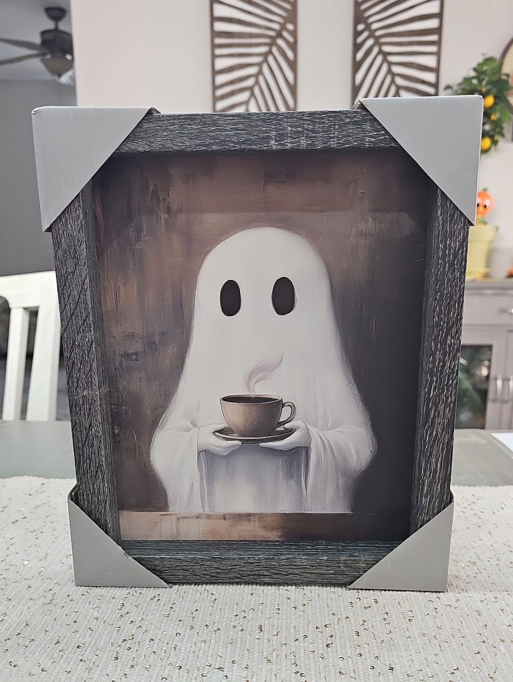 New! Halloween Ghost with Coffee Framed Canvas Wall Art